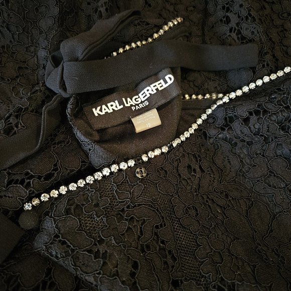 Classic LBD! KARL LAGERFELD PARIS, Black lace shift dress with crystal neckline - Picture 11 of 11